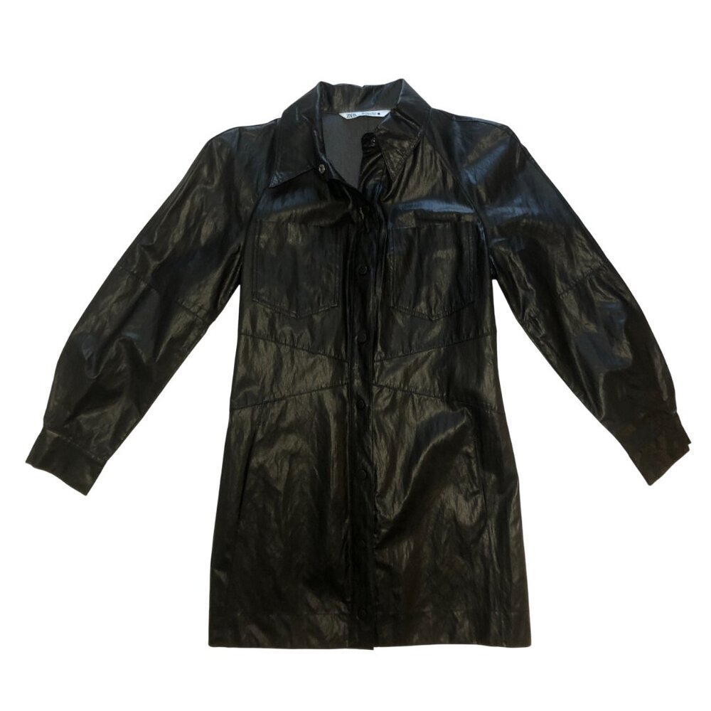 Zara Faux Leather Shirt Shacket Coat Button-Up S Black